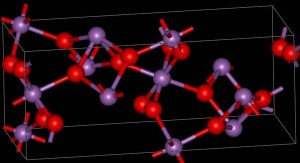 Structure of the mineral, cervantite Modular diagram showing the structure of the mineral, cervantite, with the oxygen atoms shown in red.