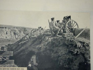 A Maxim machine gun on carriage in 1916.