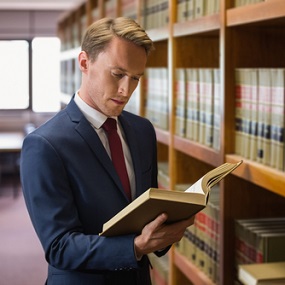 Law student reading case notes in library