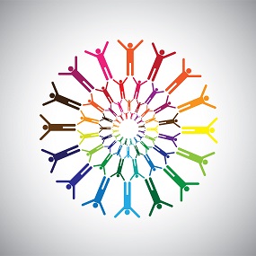 colourful stick men in circles with arms outstretched